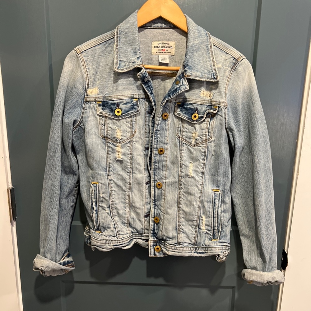 VTG Polo Ralph Lauren Jacket Womens Large L Denim Trucker Grunge Punk Distressed